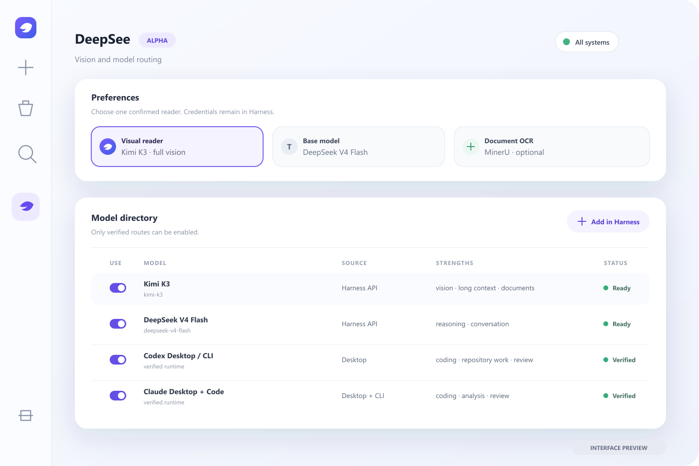 Interface preview of the DeepSee model directory and visual-reader preferences inside DeepSeek Harness